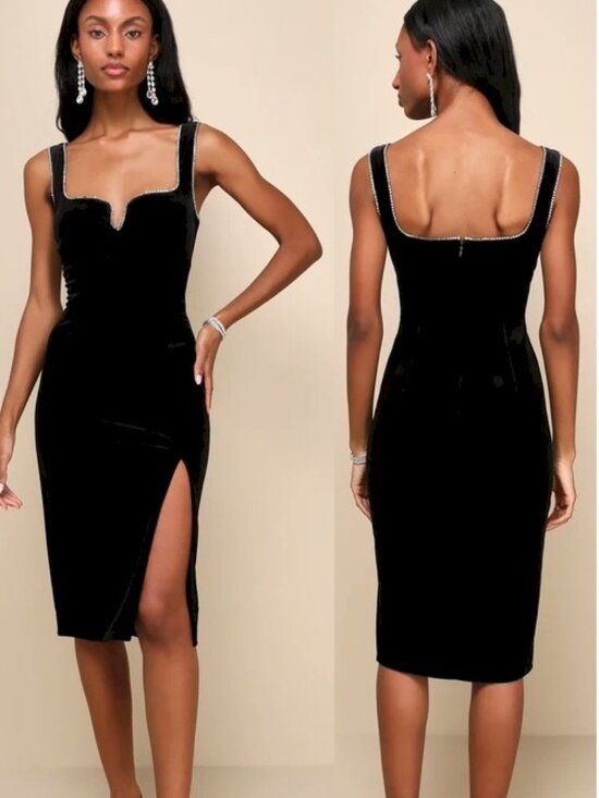 Lulus Dresses & Skirts - Lulus Posh Sparkle Black Velvet Rhinestone Notched Midi Dress Size XS New NWT
